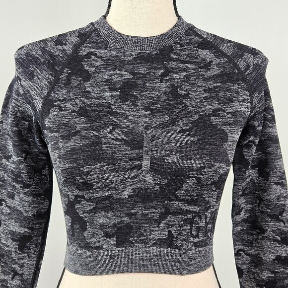 Gymshark Black Gray Camo Long Sleeve Athletic Performance Crop Top | Women's XS - Picture 3 of 15